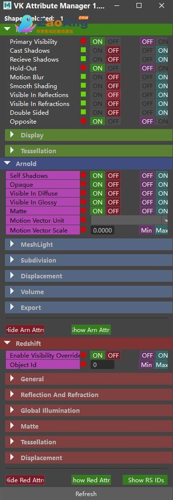 Arnold Redshift属性批量设置|Maya插件
